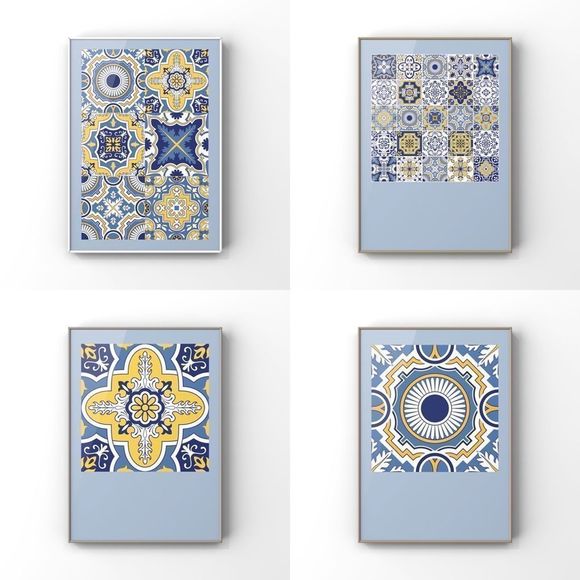 Moroccan Tribal Trendy Tile Blue yellow Poster Wall Art set of four Art Print - Picture 2 of 12